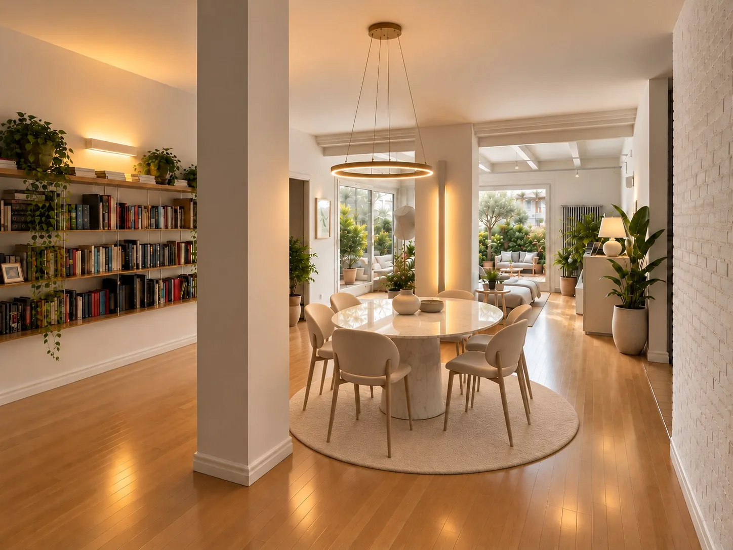 Appartamento a Cerea: zona giorno con tavolo rotondo, libreria e parquet